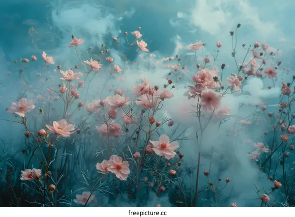 ethereal flower field with blue mist
