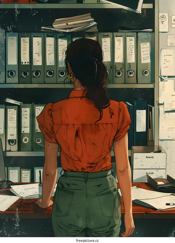 A woman standing in front of a filing cabinet.