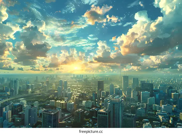 Cityscape of a modern city with skyscrapers and a river running through it