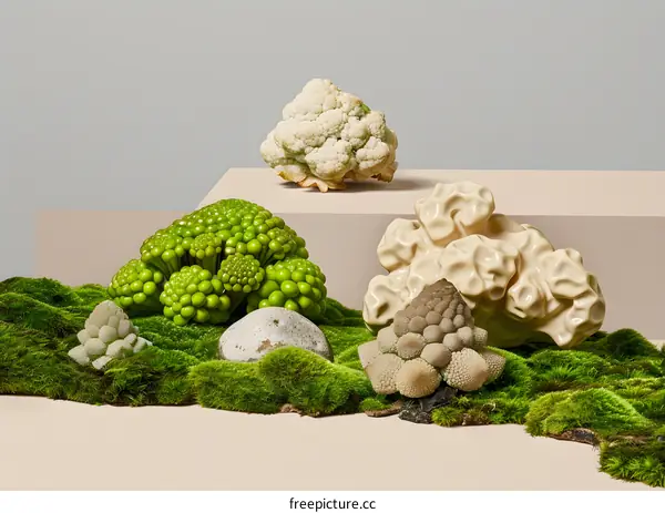 Cauliflower and Romanesco Broccoli on Moss Background