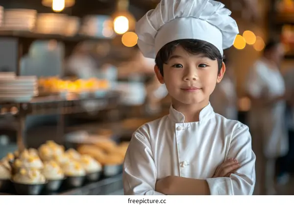 Portrait of a young Asian boy in a chef's uniform smiling at the camera