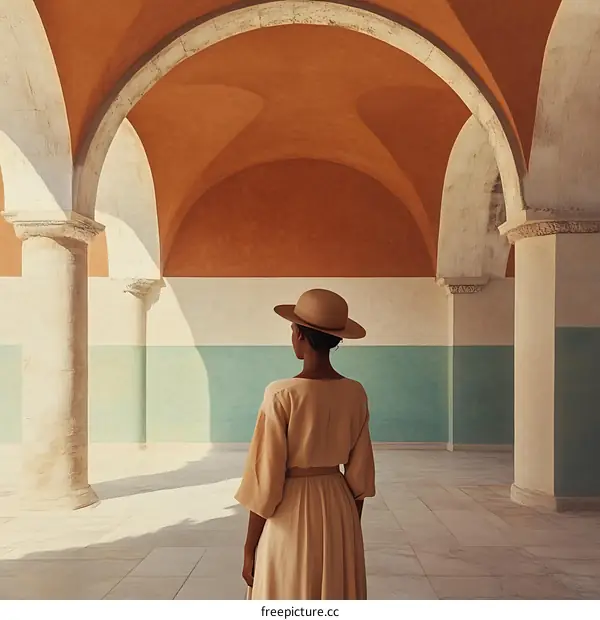 Woman in a Hat Standing in an Archway