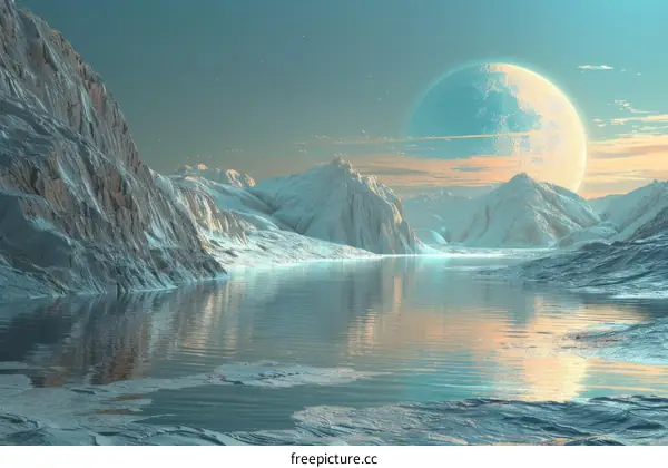 Frozen Lake and a Large Moon in a Fantasy Landscape