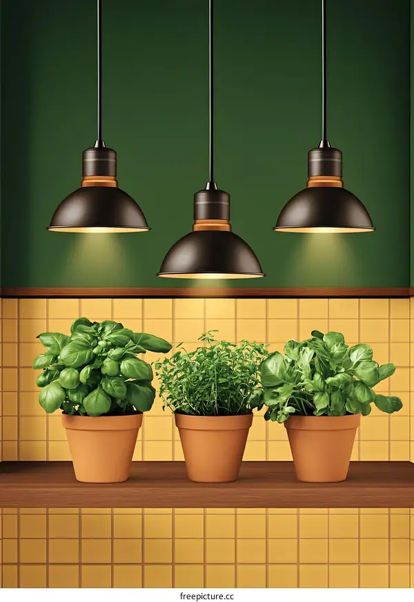 Three Hanging Pendant Lamps with Potted Plants
