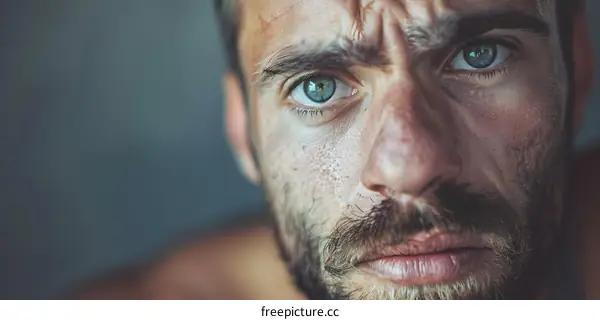 Portrait of a man with blue eyes and a beard looking at the camera with a serious expression