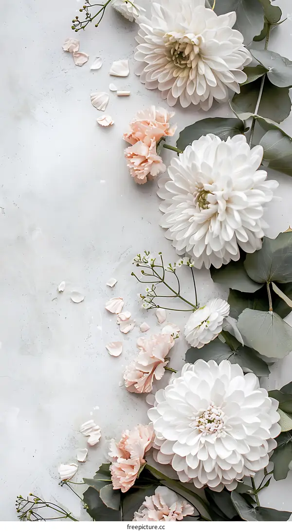 Floral Composition with White and Pink Flowers on a Gray Background