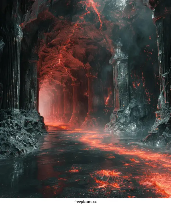 Lava River Flows Through a Dark Cave in Fantasy Landscape