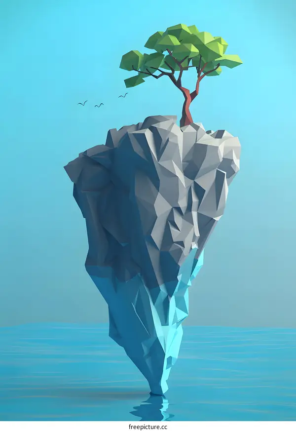 Low Poly Minimalist Illustration of a Small Island with a Tree