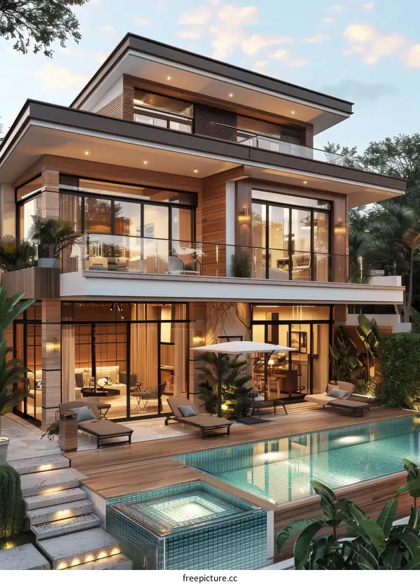 Modern Villa with Pool and Lush Palm Trees