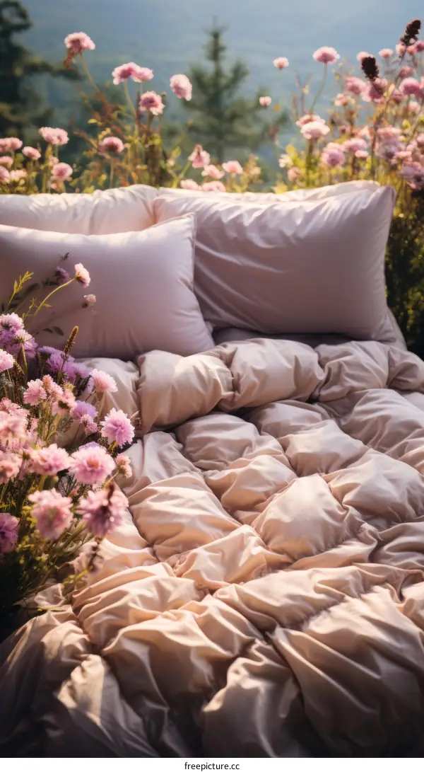 A Bed of Tranquility Amidst a Field of Flowers and Mountain Views