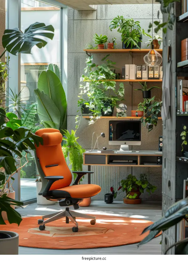 workspace with orange chair and plants