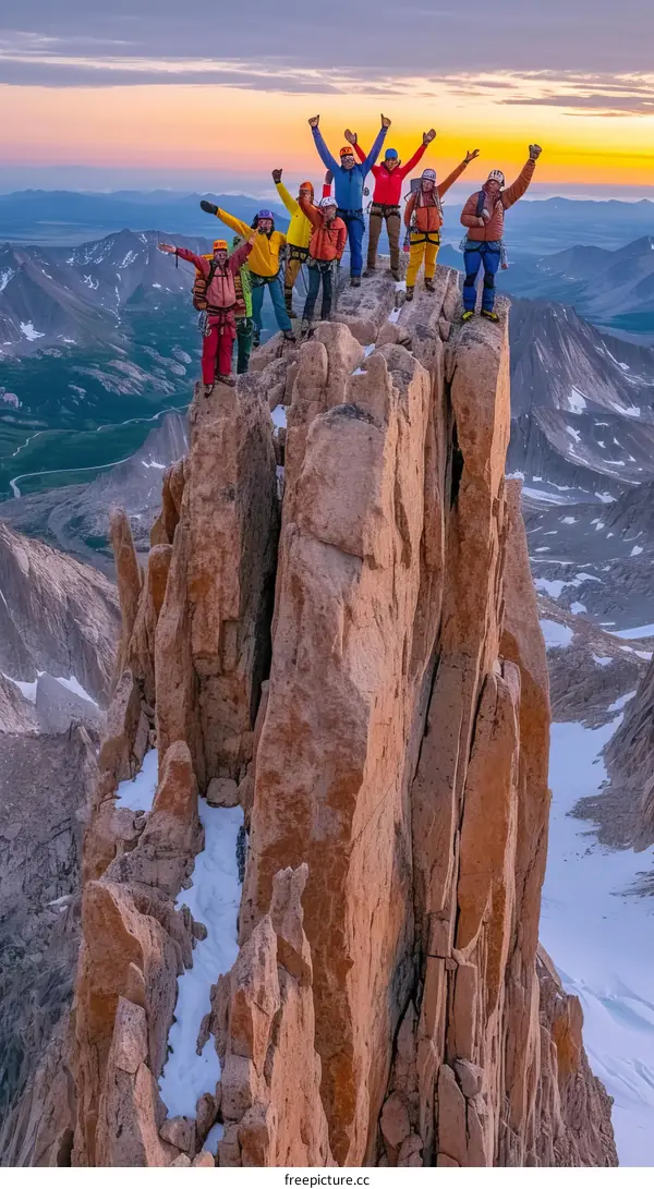 A group of mountaineers celebrate reaching the summit of a mountain.