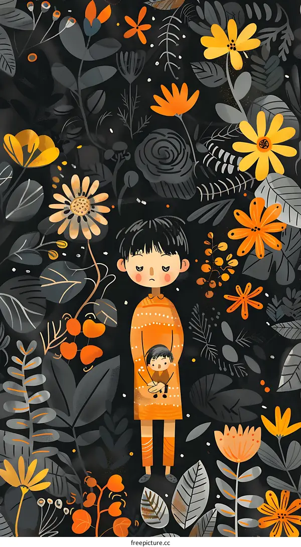 Girl Standing in a Garden Holding a Doll