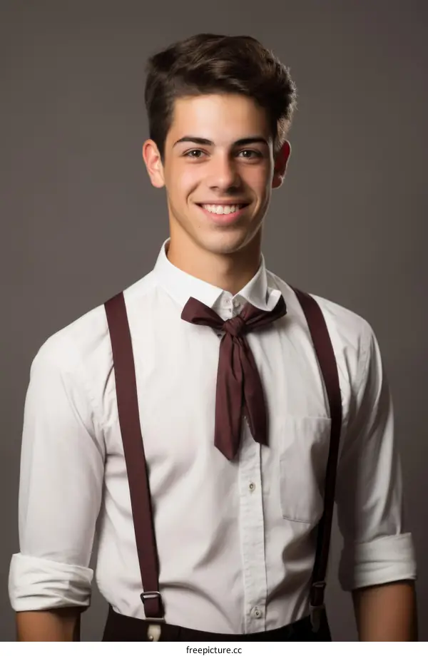 Portrait of a young man with suspenders and bow tie