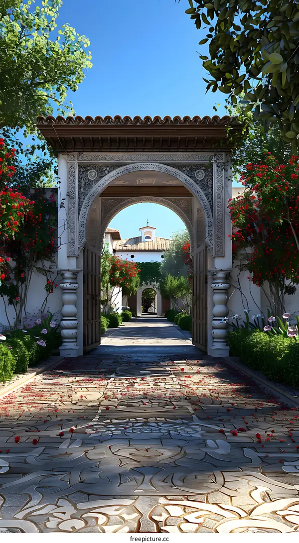 A beautiful courtyard with a gate, trees, and flowers.