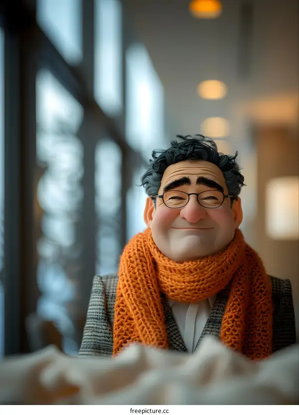 A 3D rendering of a man with glasses and a scarf