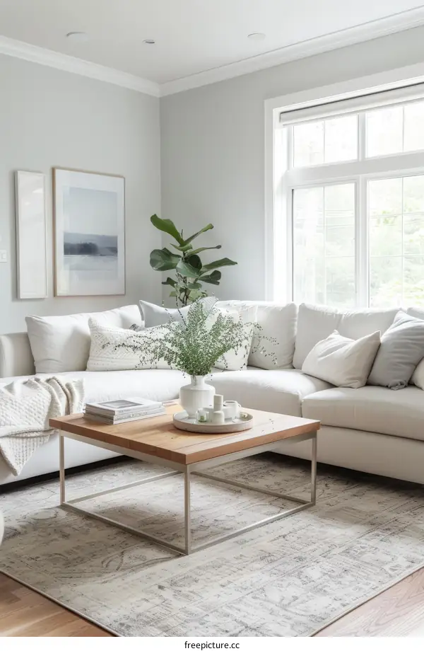 Bright and Airy Scandinavian Living Room With White Sofa and Neutral Rug