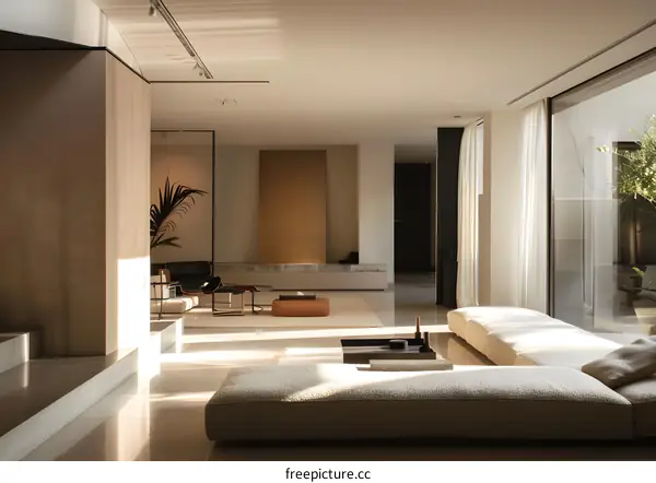 Modern Living Room Interior Design with Beige Sofa and Sunlight