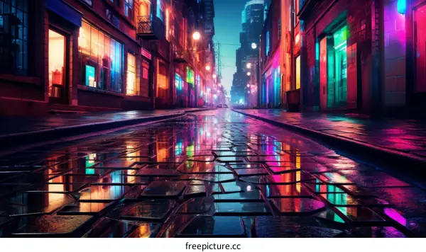 A wet city street at night with colorful lights reflecting off the pavement