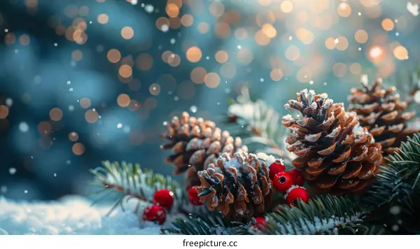 Snowy pine cones and red berries with blurred lights in the background
