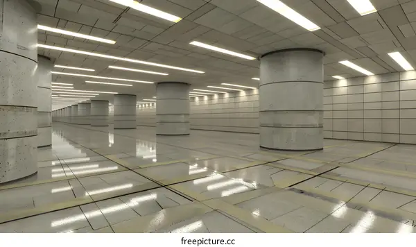 Modern  Architecture Interior Design With Grey Tiles and Concrete Pillars