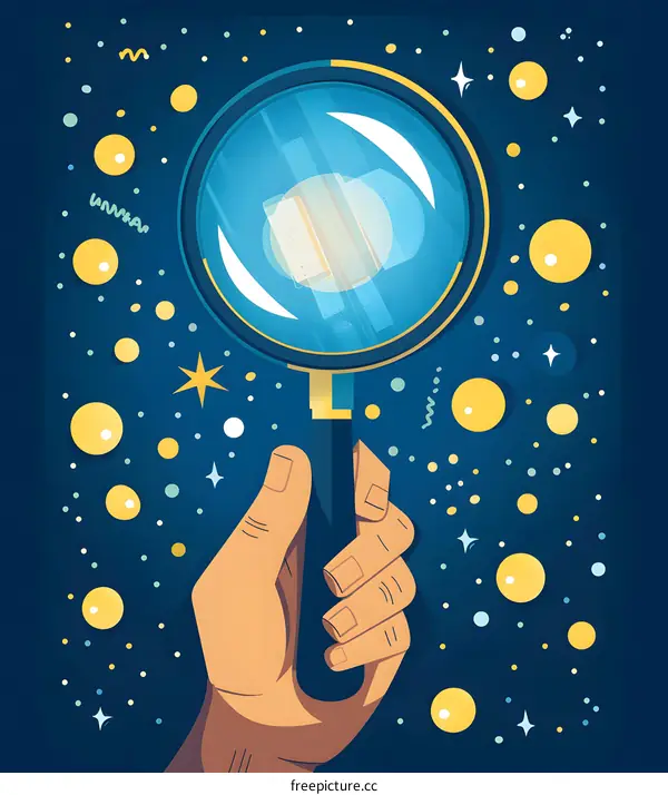 Magnifying Glass with a Hand and Yellow Dots on a Blue Background