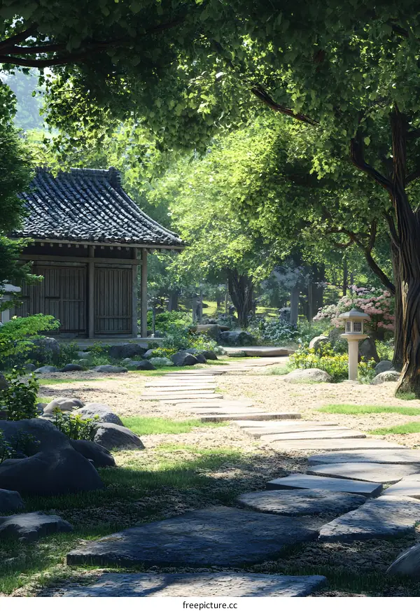 Stone Pathway Through a Lush Japanese Garden