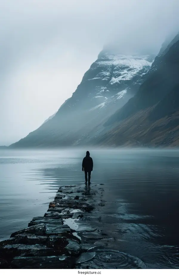 Man standing on a pier looking out at a foggy mountain lake