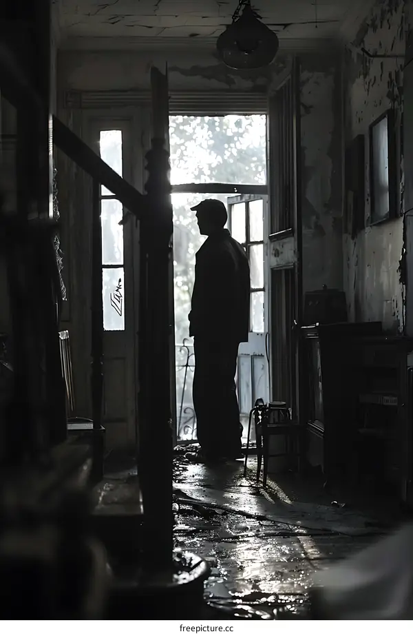 Silhouette of a Man Standing in a Doorway of an Abandoned Building