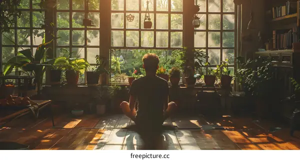 man practices yoga in a sunlit room full of plants