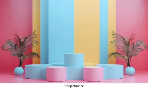 Pastel Colored Background with Podiums and Palm Trees