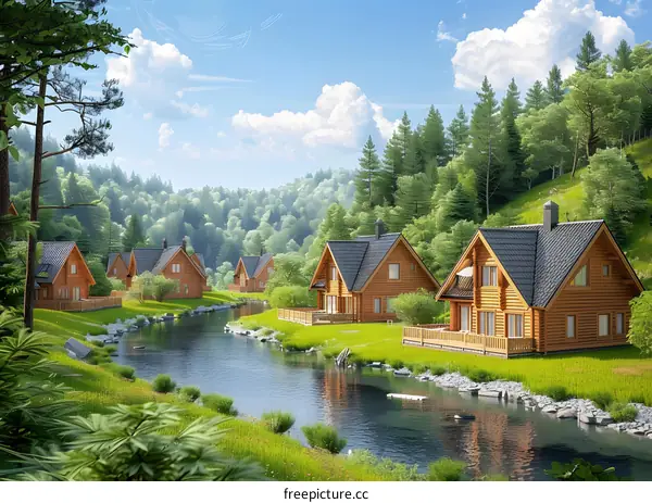 Wooden Cabins by the River in a Lush Forest