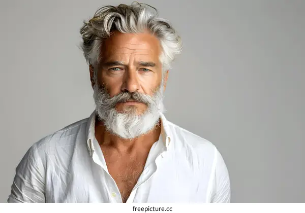portrait of a handsome bearded man with white hair