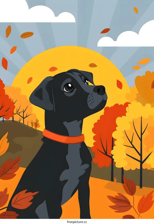 Black Dog Sitting In Autumn Leaves