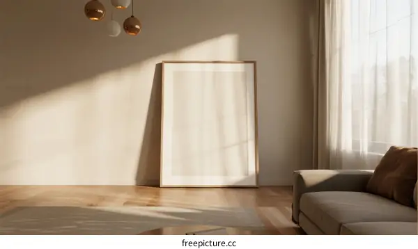 Sunlit empty living room with modern sofa and blank frame