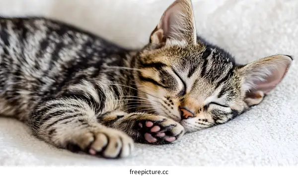 Cute Tabby Kitten Sleeping On White Blanket