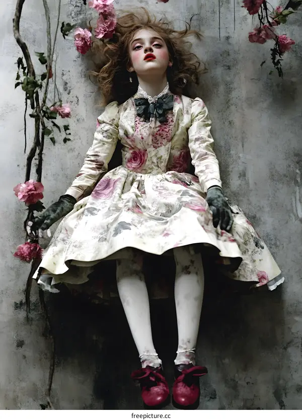 Portrait of Young Girl in Floral Dress with Red Shoes