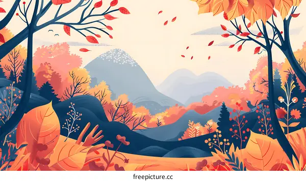 Autumn Landscape with Mountains and Falling Leaves