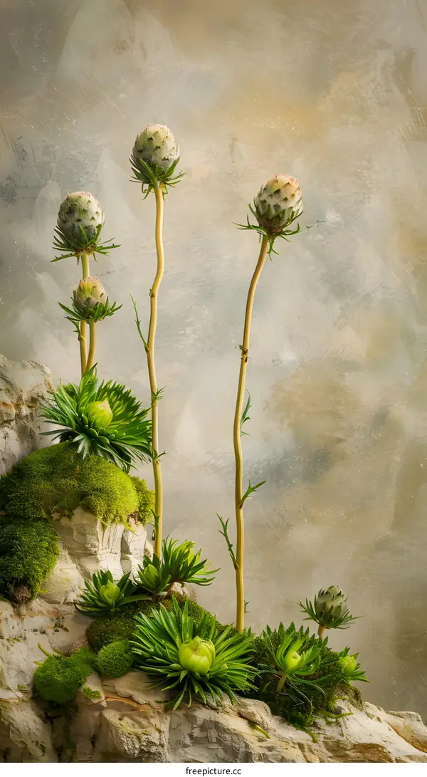 Green Spiky Plants on Rock with Moss