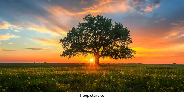 tree in the field with sunset