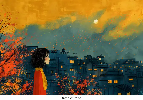 Girl Looking at Cityscape With Red Flowers