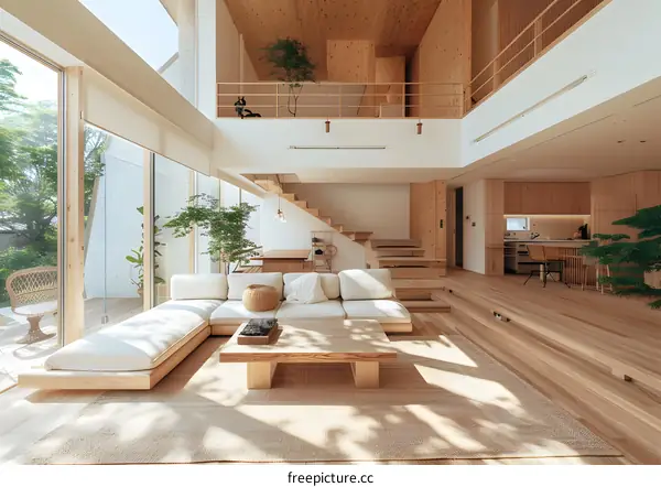 Modern Minimalist Living Room With Wooden Floors And Large Windows