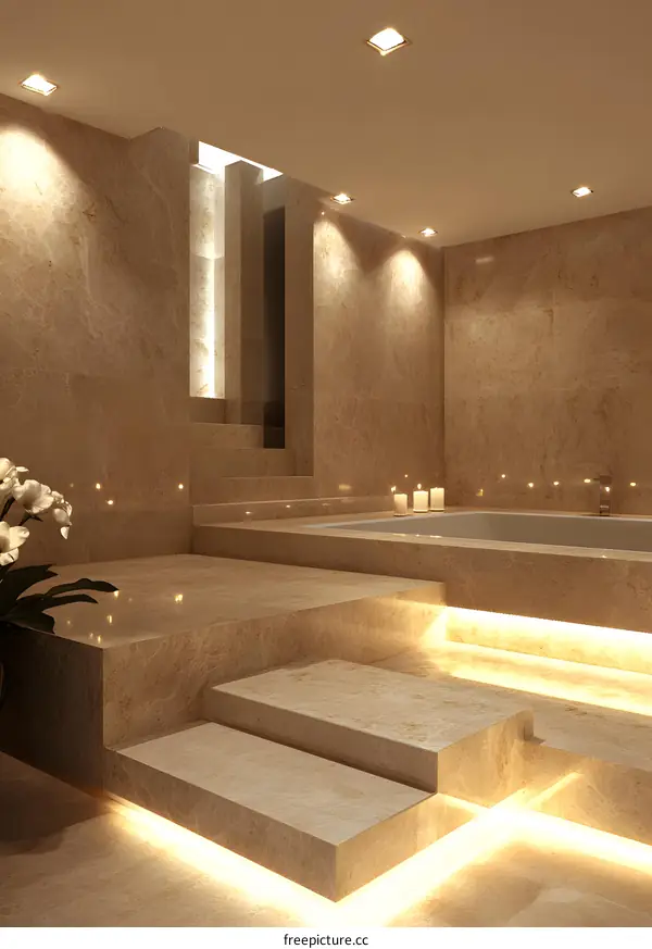 Modern Bathroom Interior Design with Marble Walls and Bathtub