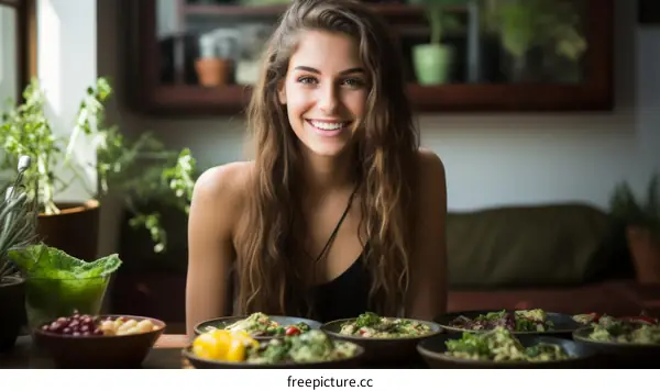 Portrait of a young woman with long brown hair smiling in front of a table full of healthy food