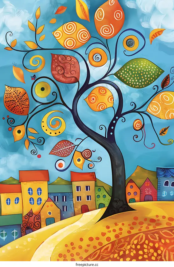 Colorful Abstract Tree with Houses and Swirls