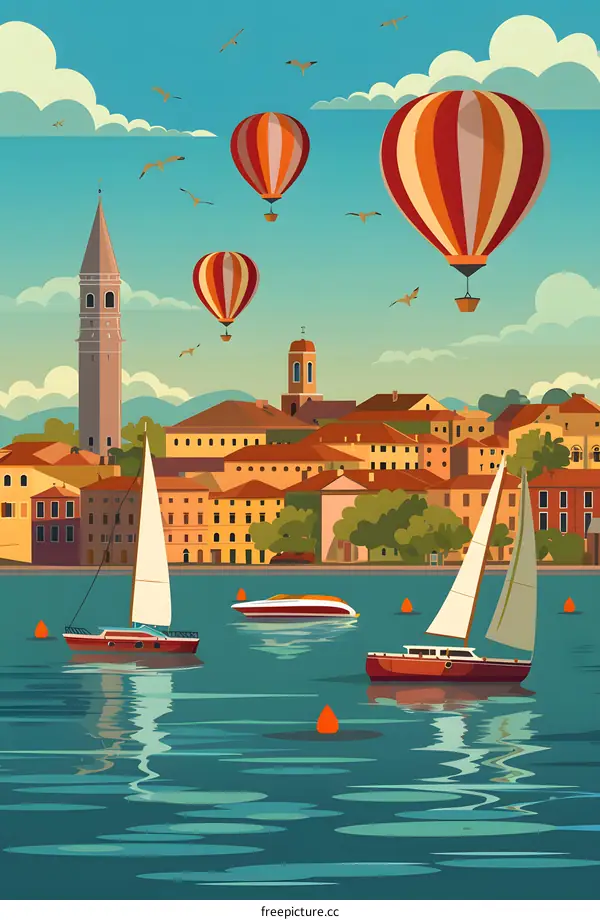 Summer Vacation Landscape with Sailboats and Hot Air Balloons