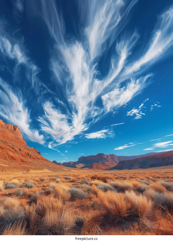 Cirrus clouds over a canyon landscape