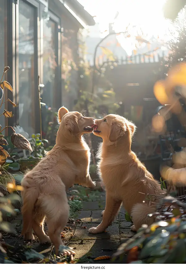 Two cute golden retriever puppies playing in the backyard