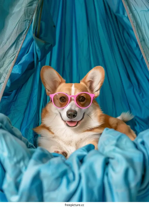 A cute dog wearing sunglasses is lying in a blue hammock.