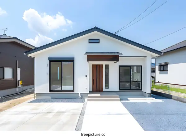 Modern White House with Black Windows and Wooden Door